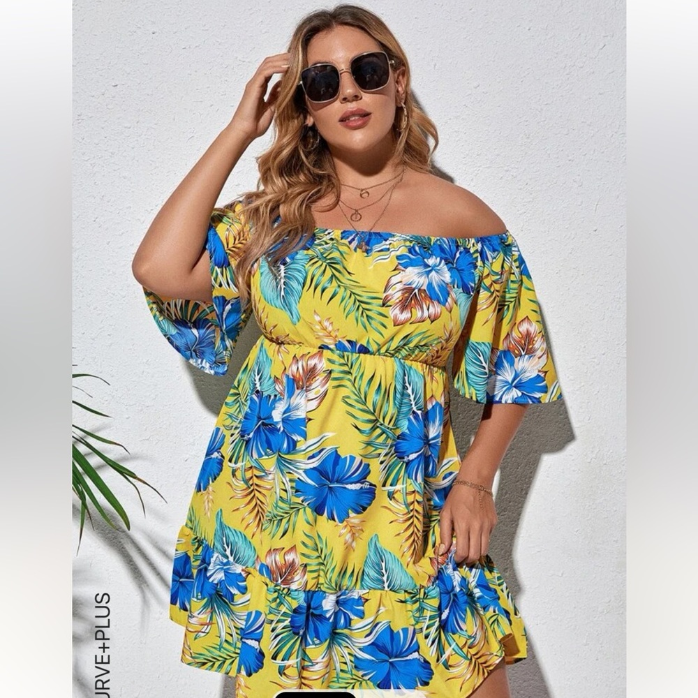 2 off the shoulder tropical dress.